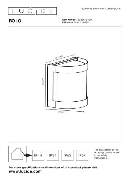 Lucide BOLO - Wandleuchte Innen/Außen - 1xE27 - IP44 - Opal - TECHNISCH